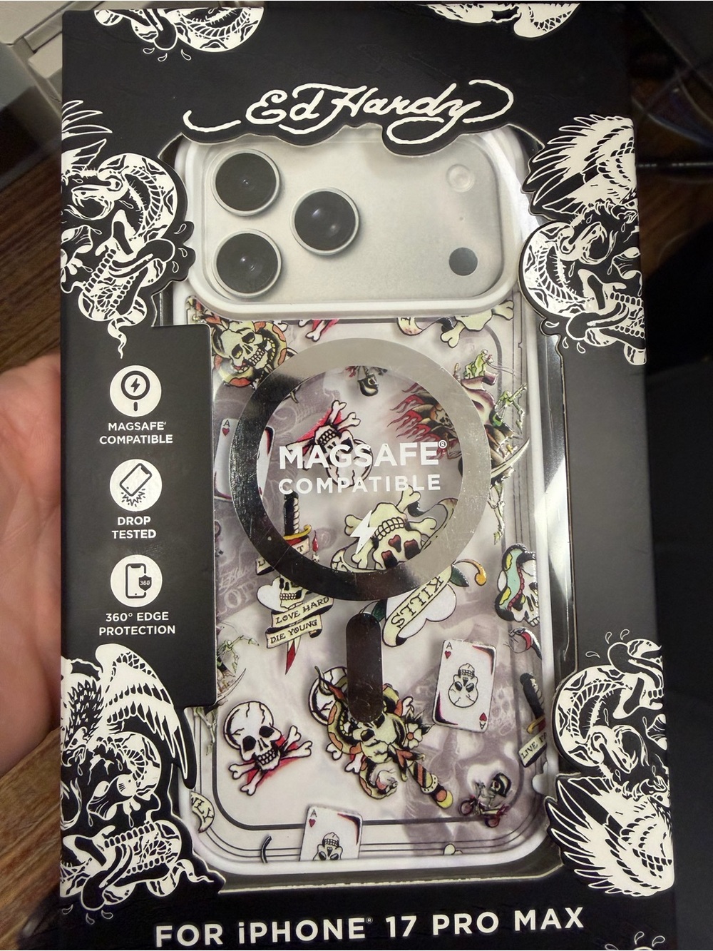 Ed Hardy Clear Tattoo-Style Skull & Cards iPhone 17 Pro Max Case - White